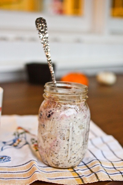 overnight oats in a vintage jar with silver spoon