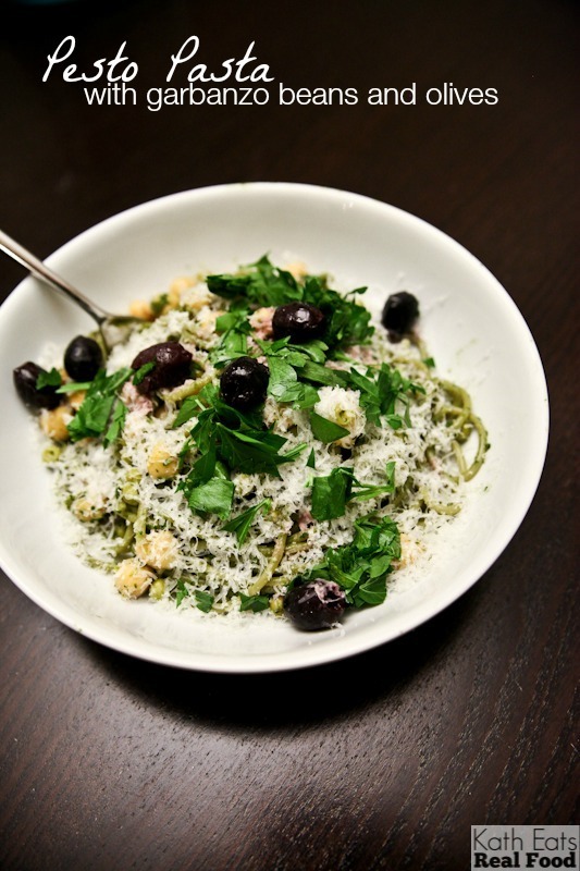 Pesto Pasta with Garbanzo Beans and Olives