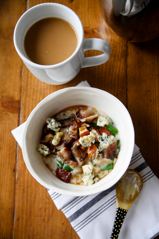 Savory oatmeal with bacon and blue cheese and coffee