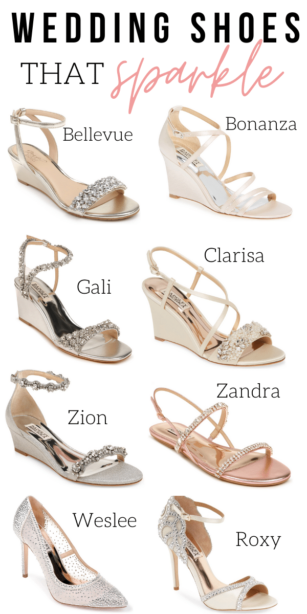 collage of sparkly wedding shoes