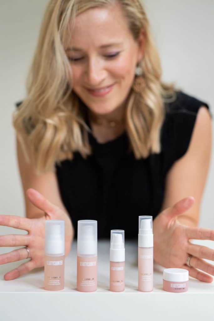 Beautycounter Countertime carry on set with kath in background