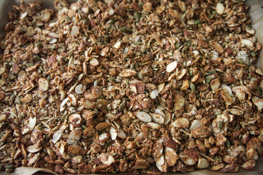 granola toasted on a sheet pan from aboe