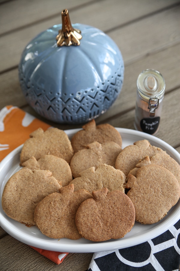pumpkin cookies with a big gray pumpkin in the background and pumpkin spice