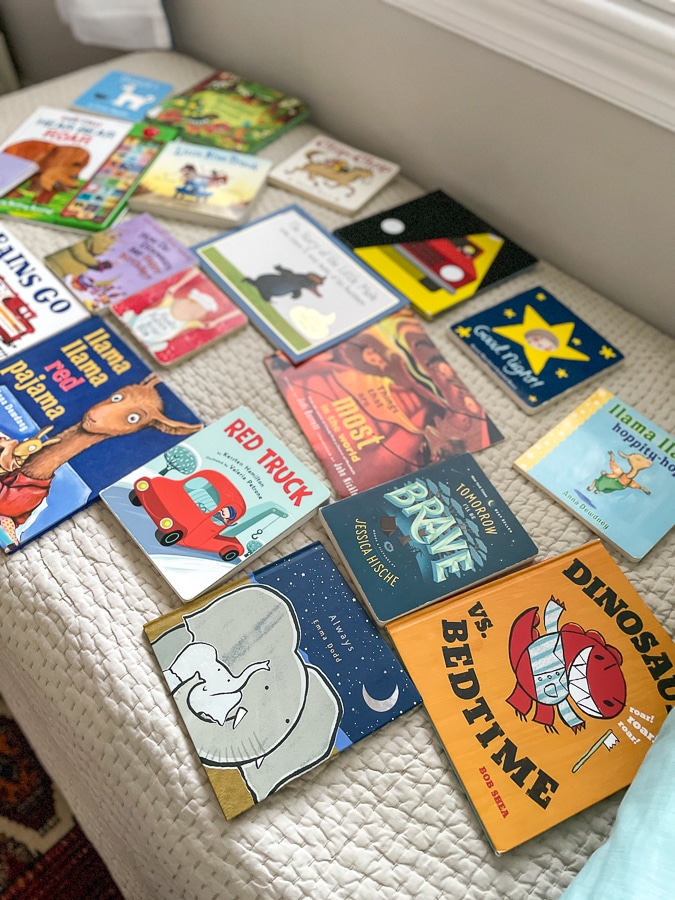 kids books on a bed