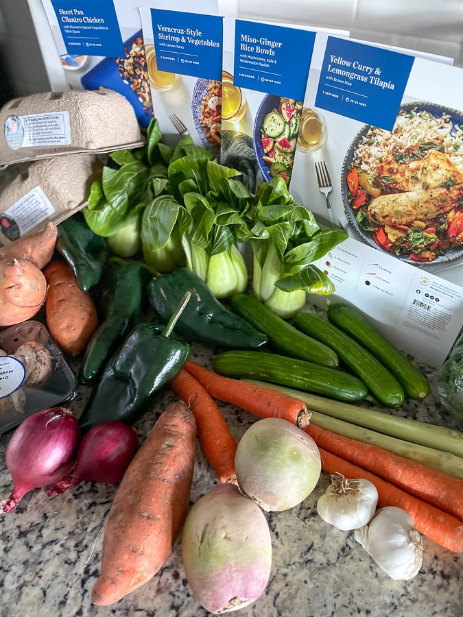 lots of blue apron ingredients all lined up with lots of vegetables
