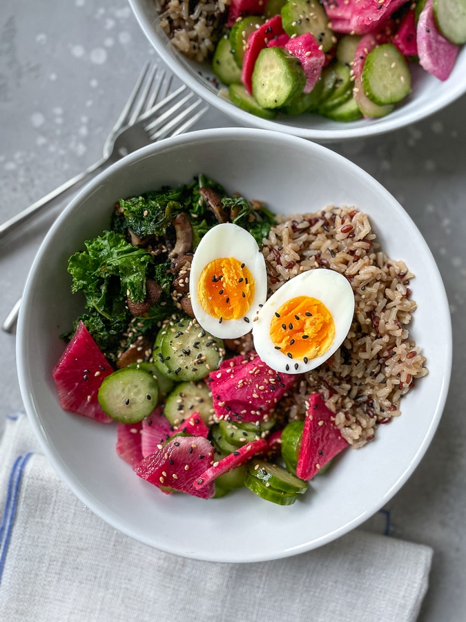 Egg, radish, cucumbers, rice, and kale from Blue Apron