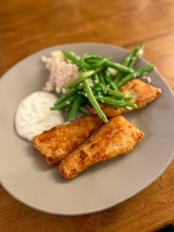 freezer and pantry meal of fish, rice, and green beans