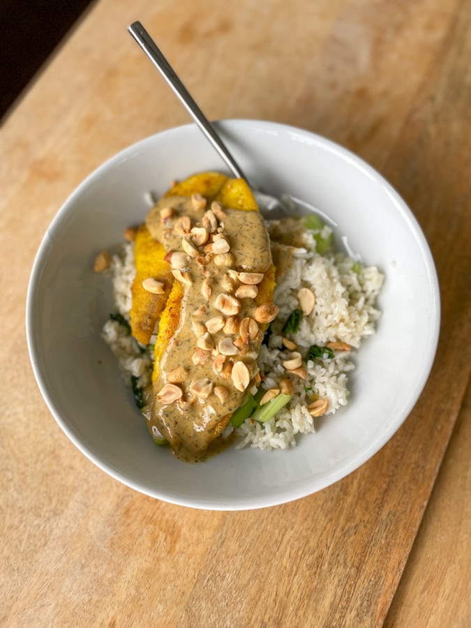 Tilapia & Creamy Curry Sauce with Sesame & Bok Choy Rice