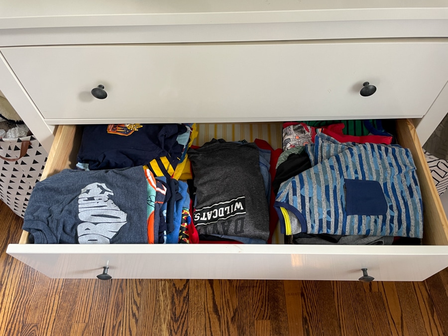 short and long sleeve shirts in a drawer | How To Organize Kids Clothes