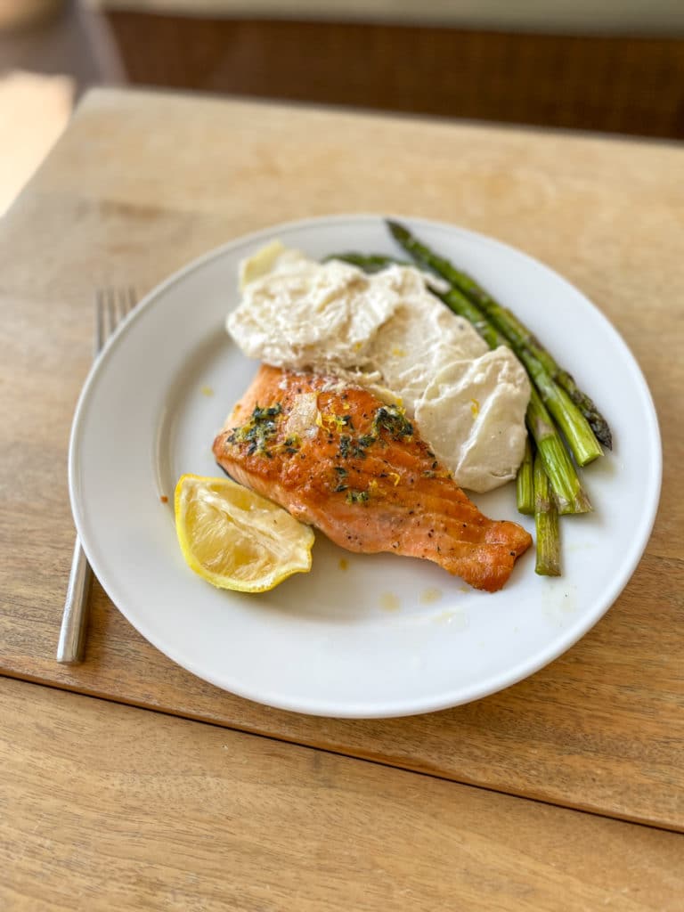 Salmon with scalloped potatoes and asparagus