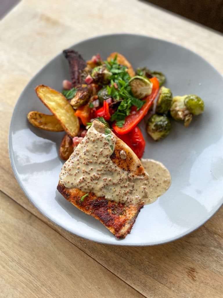 Blue Apron Salmon with roasted potatoes + Brussels and Mustard Sauce | Whats New in Food + Life
