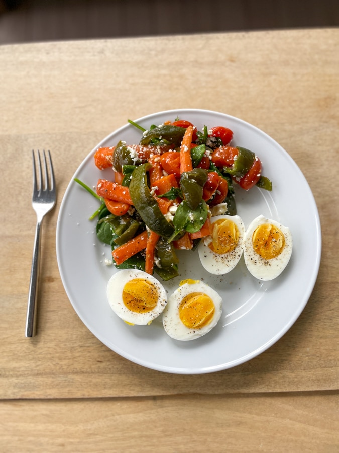 hard-boiled eggs with leftover roasted veg