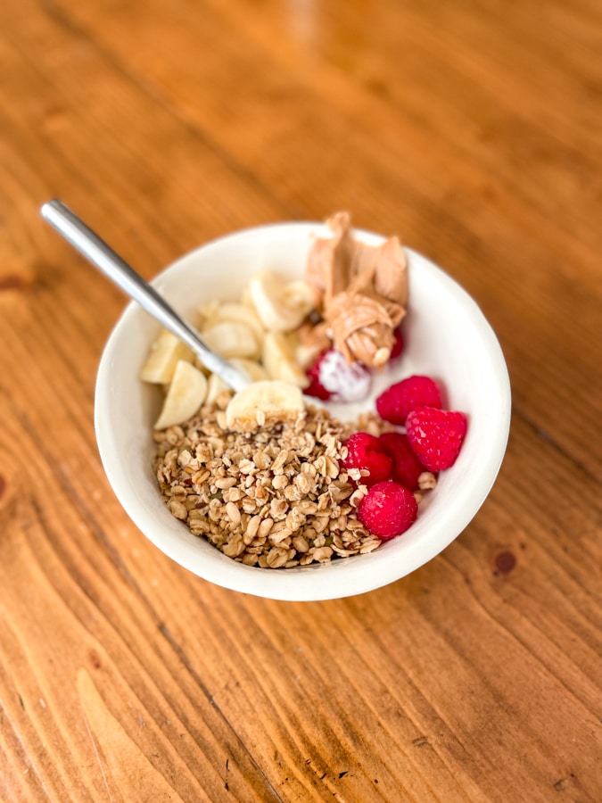 Yogurt bowl with berries, banana, granola, and PB!