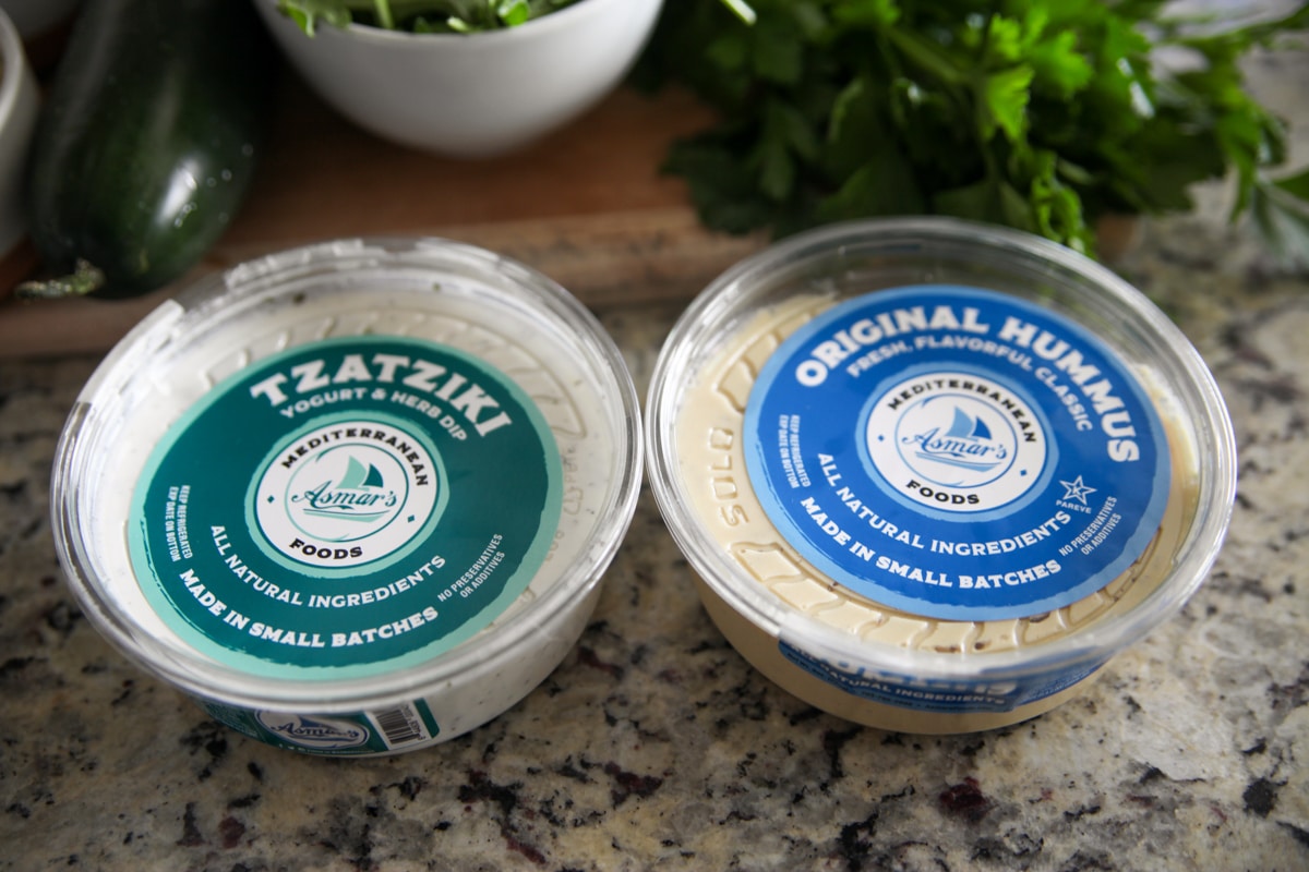 Buy pre-made hummus + tzatziki 