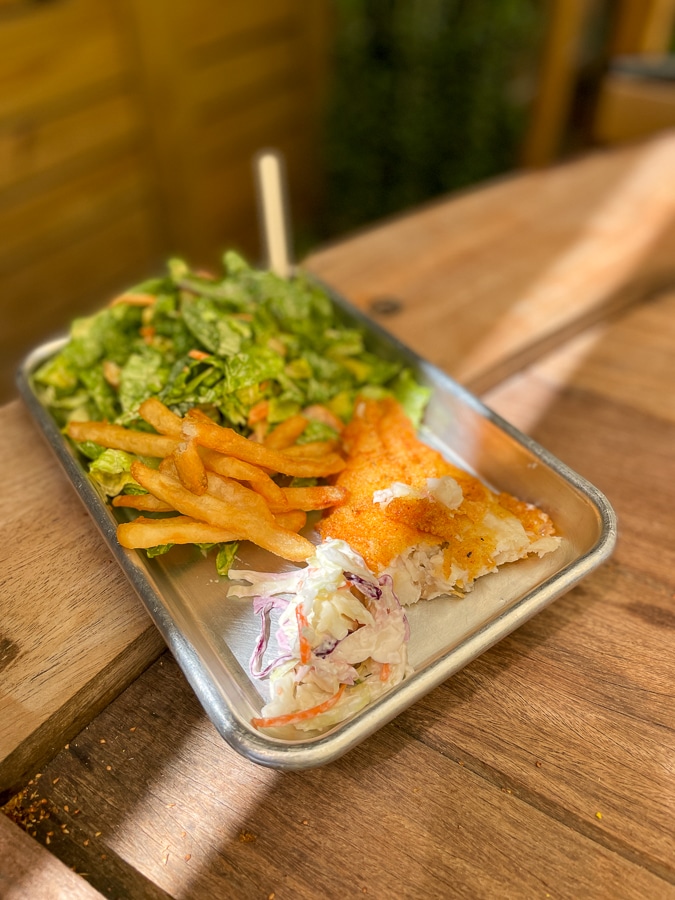 flounder platter with fries and a salad