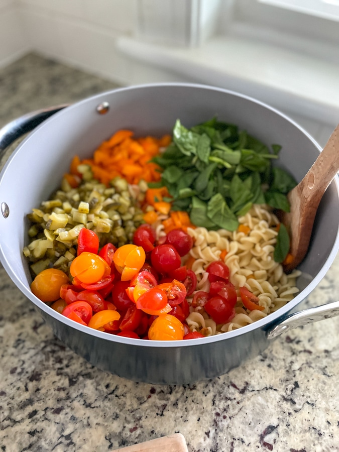 combine veggies for pasta salad
