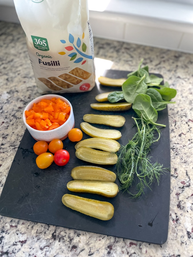 Dill Pickle Pasta Salad ingredients