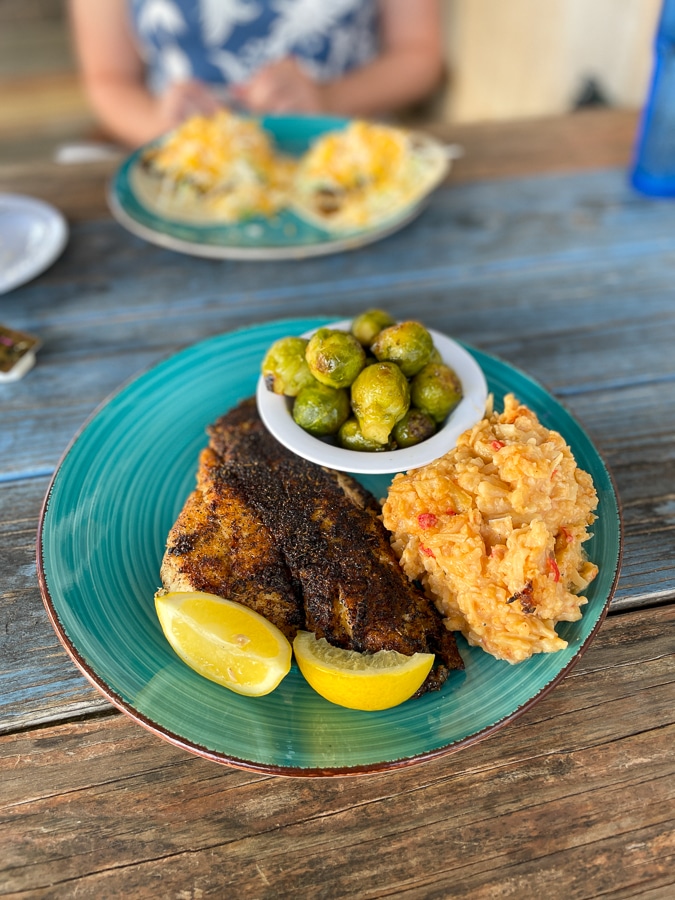 Blackened Flounder, Brussels, Cottage Potatoes