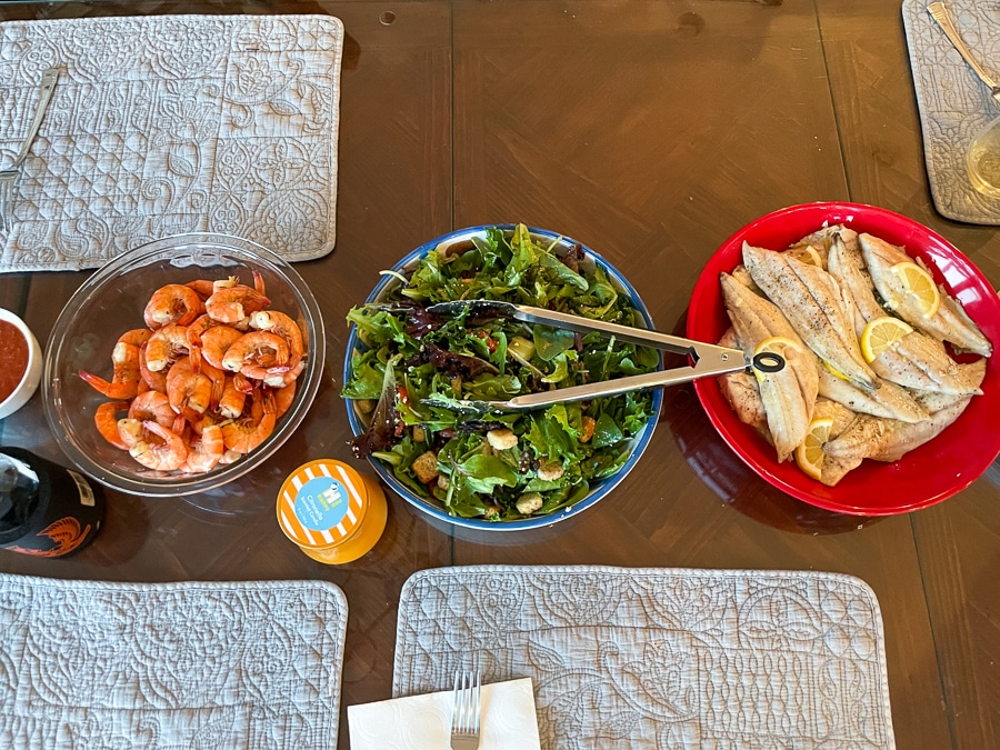 green chile cheese grits, steamed shrimp, and salad!