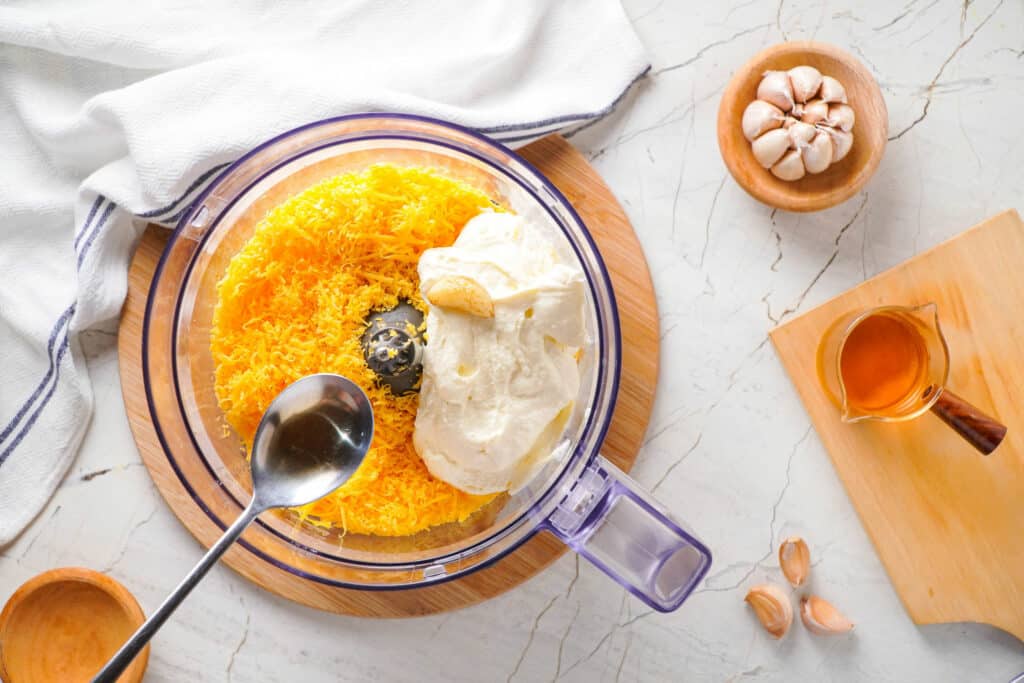 cheese dip ingredients on food processor