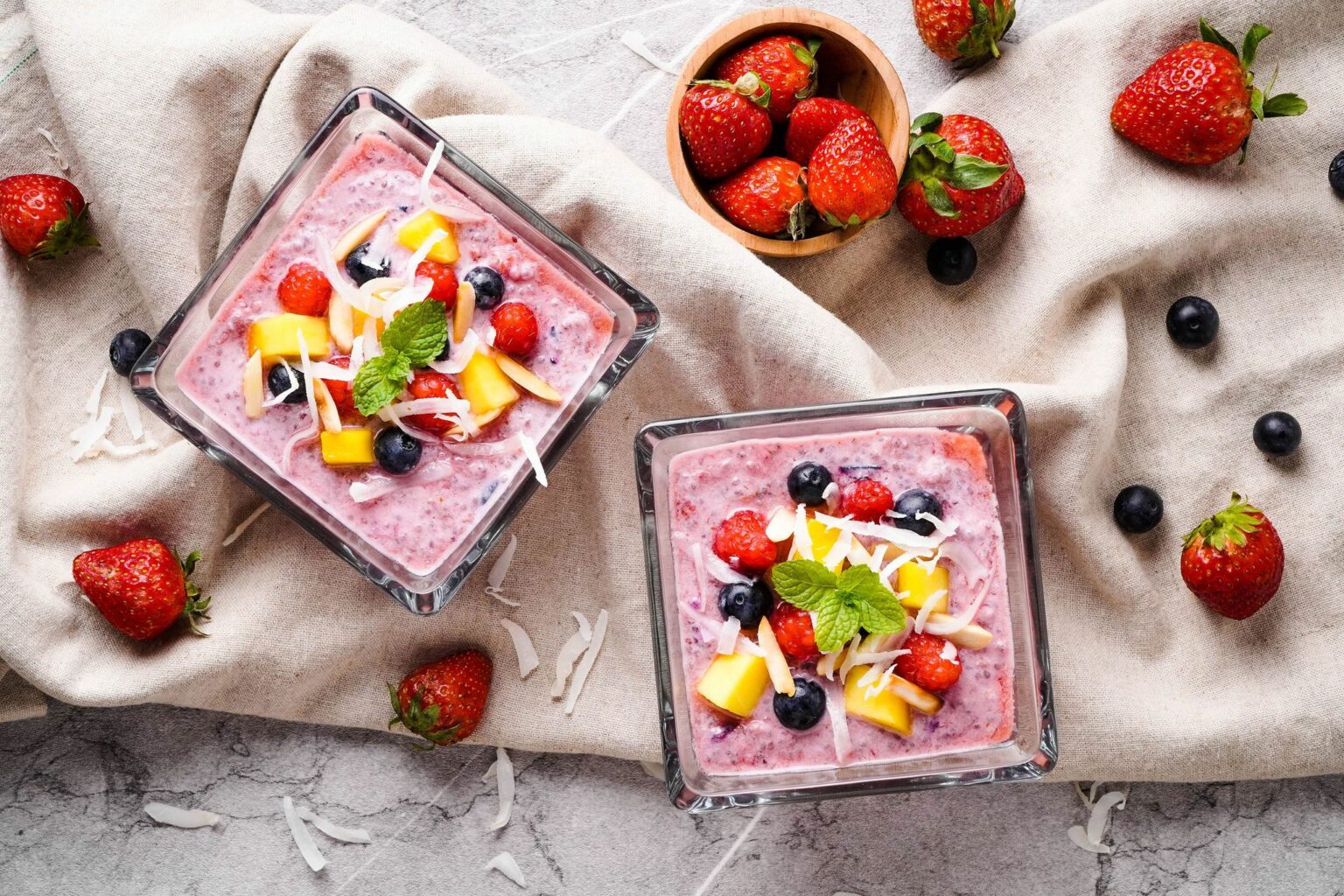 Chia Pudding Breakfast Bowl with berries and mango