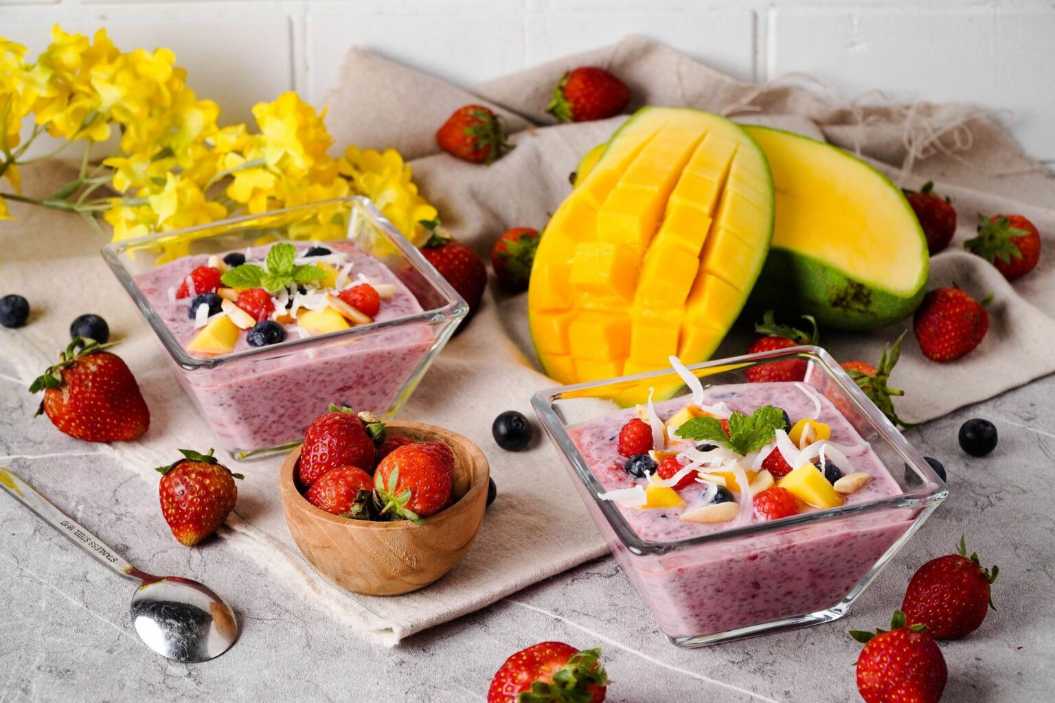 Chia Pudding Breakfast Bowl with fresh berries and mango