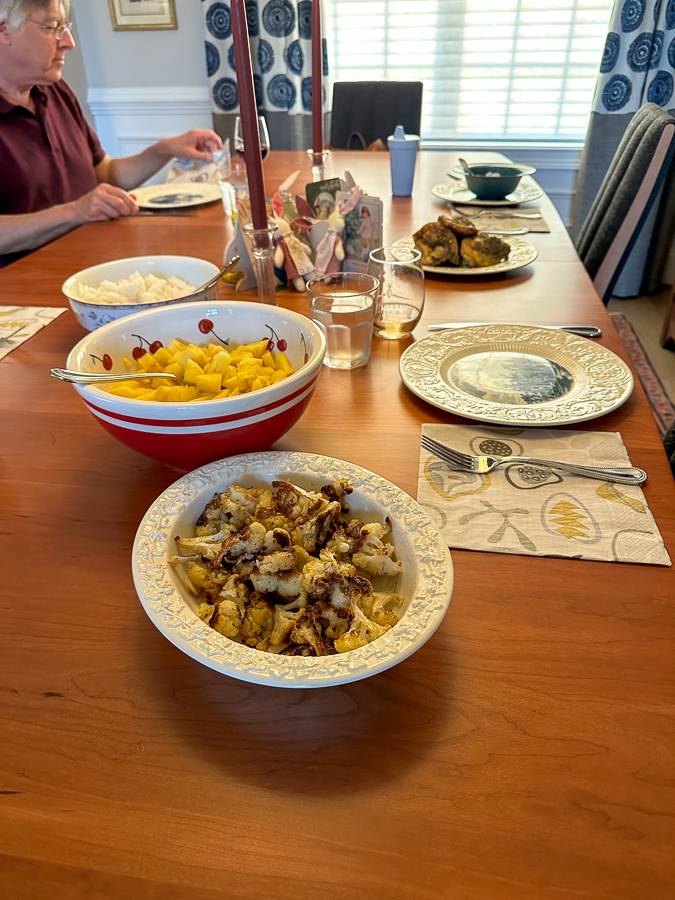 herb chicken for dinner with roasted cauliflower, pineapple, and rice. 
