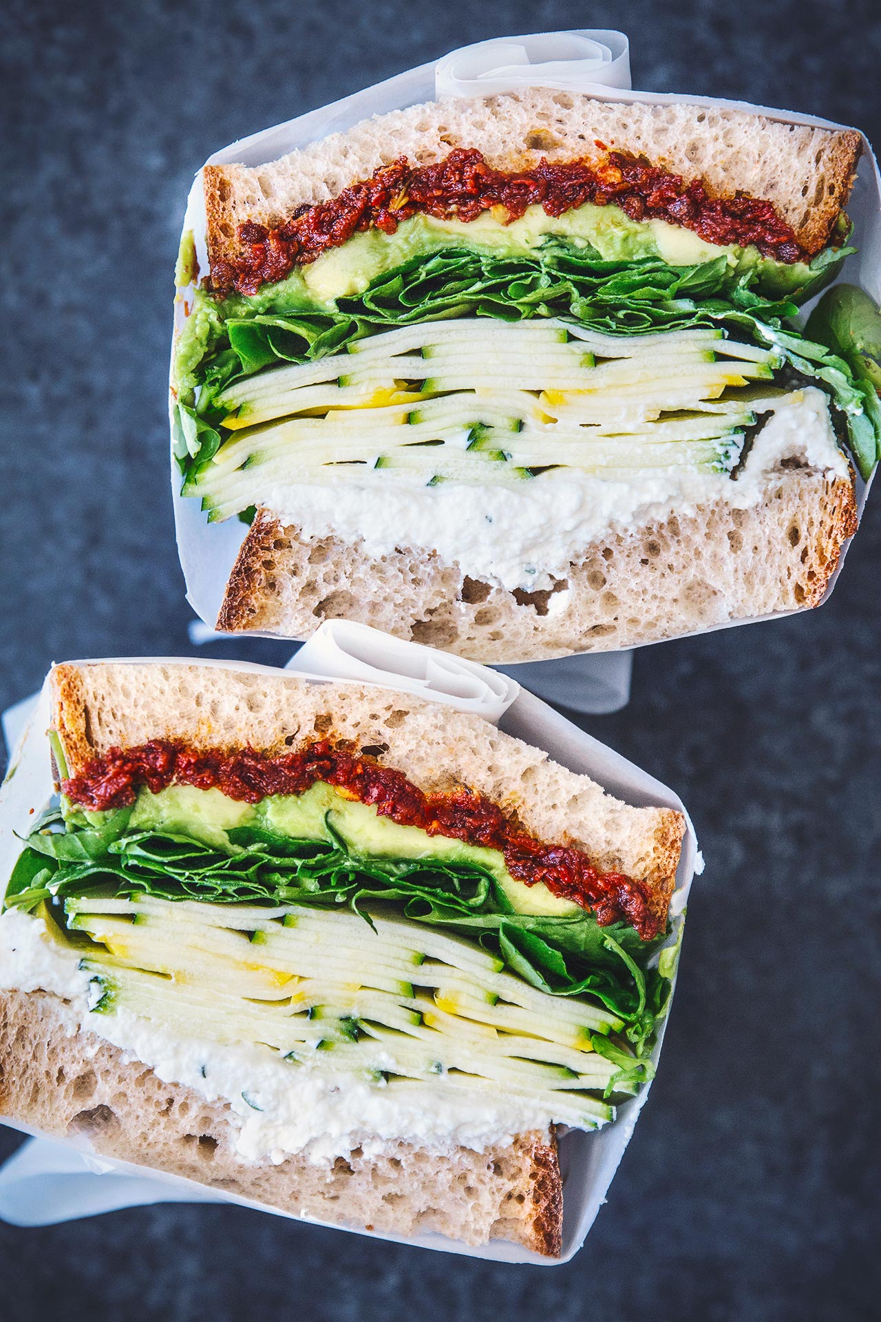 Summer Squash Sandwich With Spicy Sun-Dried Tomato & Herbed Ricotta