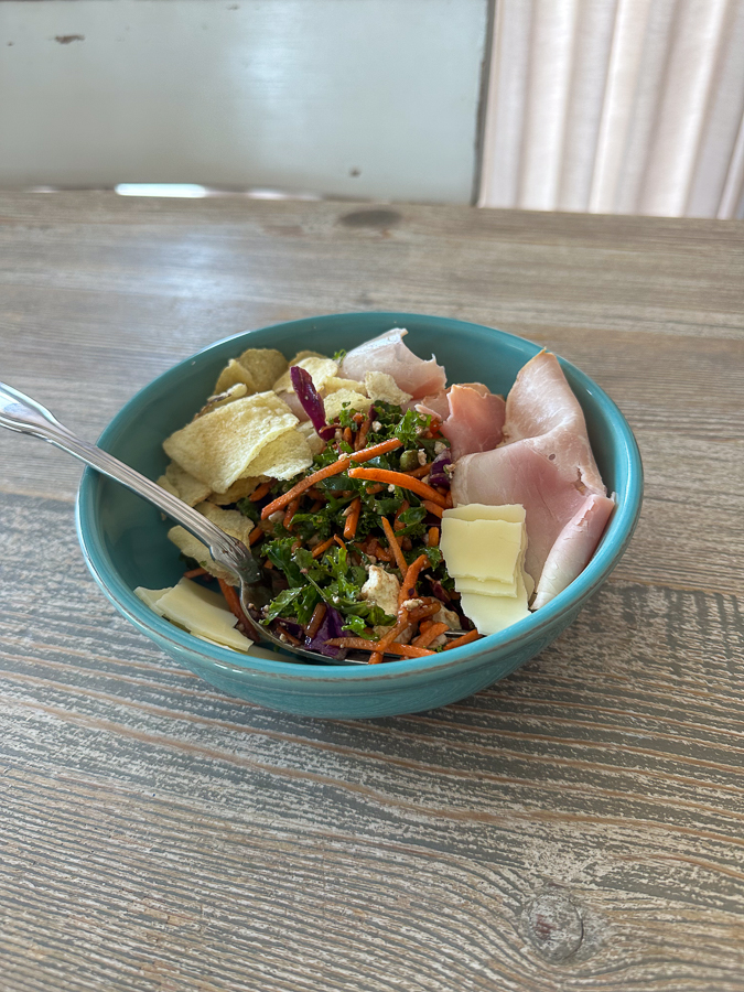 Sandwich, chips and salad