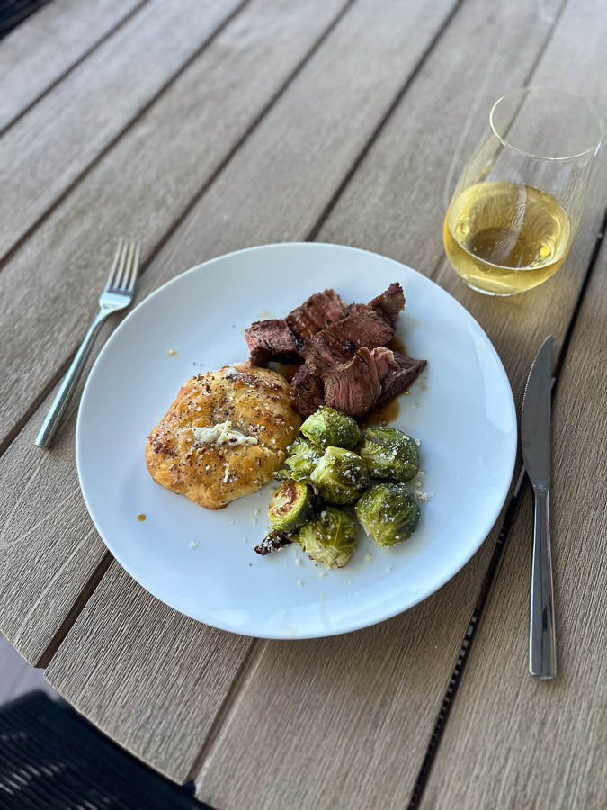 steak with bagel drop biscuits