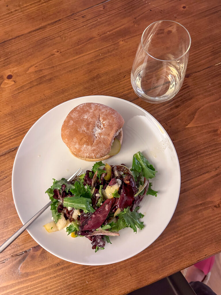 burgers, salad, and vino