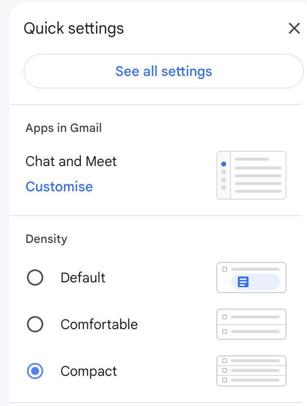 Kath Eats Blogger Kath Younger shares How to Clean Up Gmail Inbox - in photo: screenshot of Gmail Quick Settings
