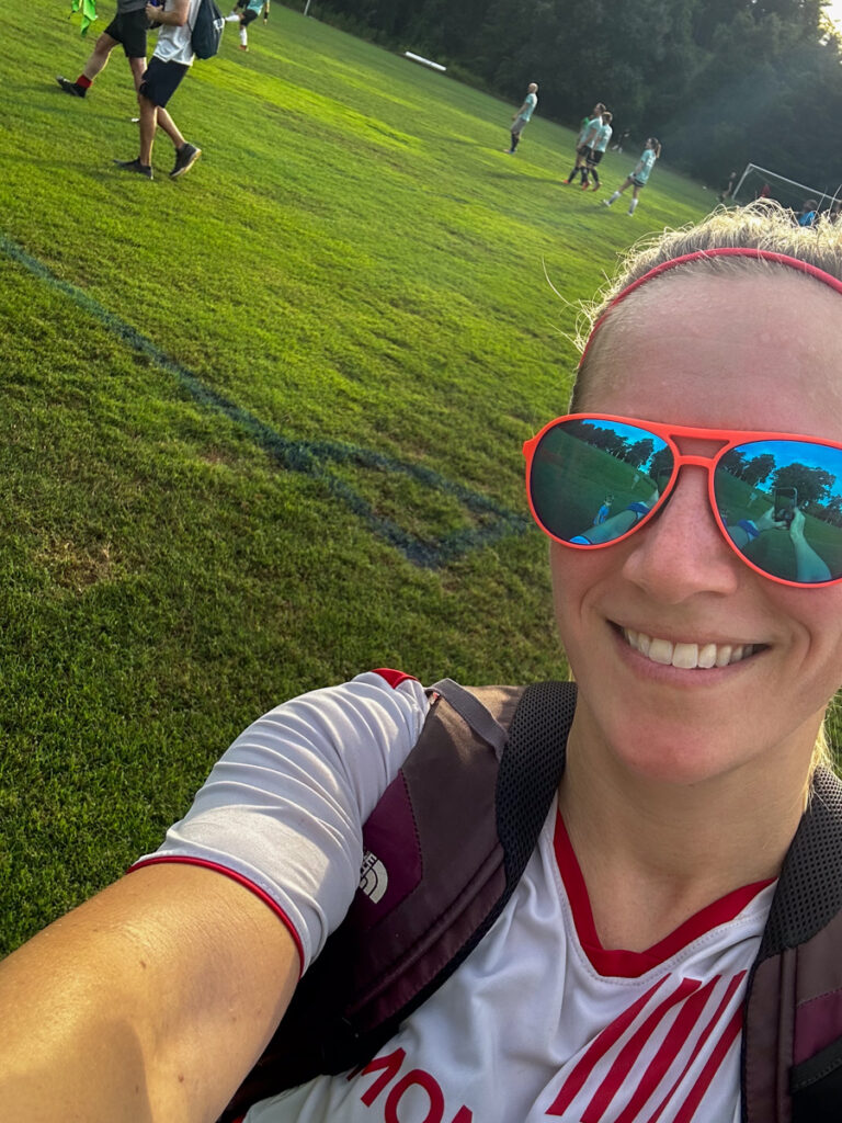 Kath Eats Blogger Kath Younger shares their Virginia Theater Festival + KERF Vacay - in photo: woman in a soccer field 