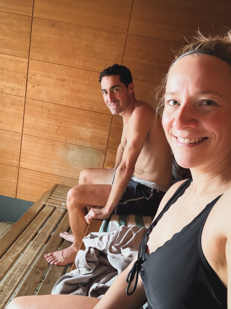 Kath Eats Blogger Kath Younger shares Homestead Holiday - photo of Kath with her husband in the sauna