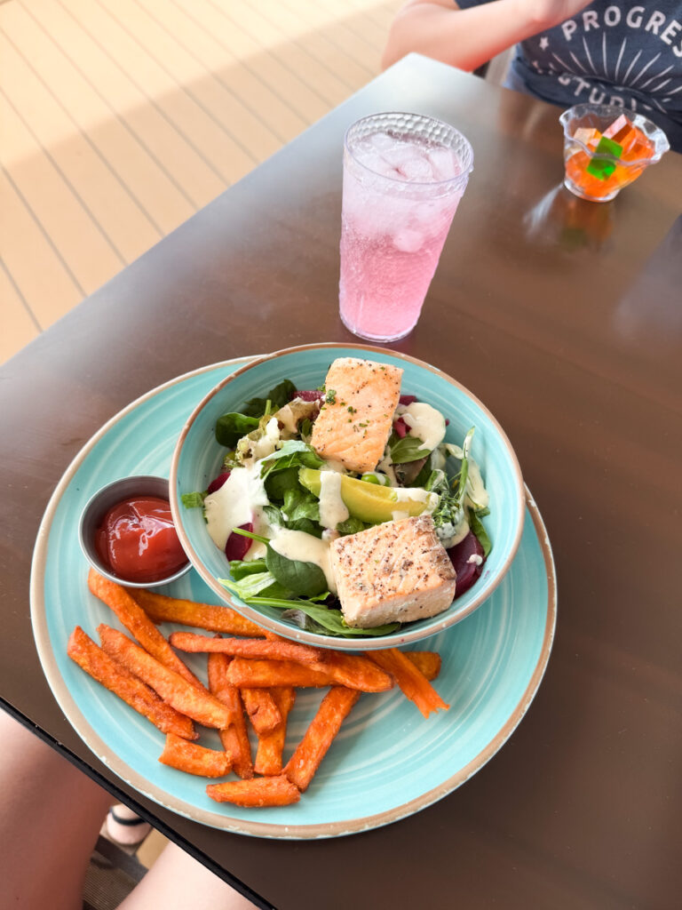 Salmon salad with sweet potato fries