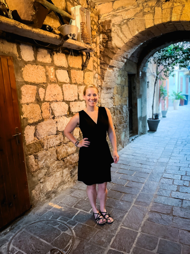 Pomata Bistro dinner in black dress
