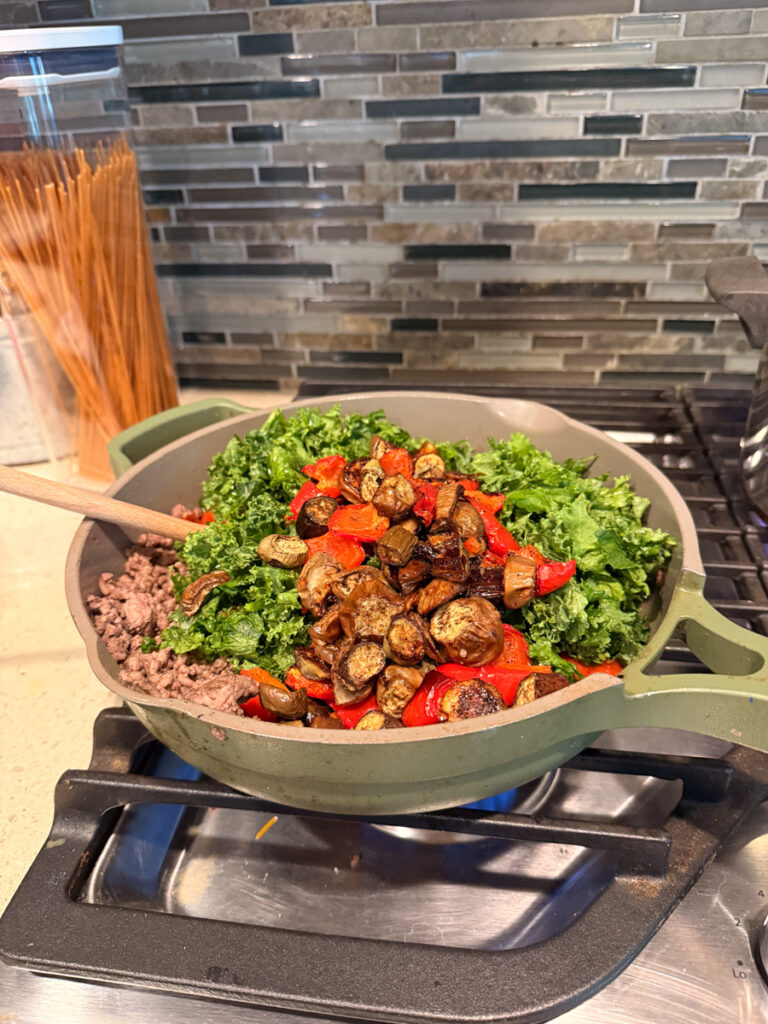 spaghetti eggplant, peppers, and kale