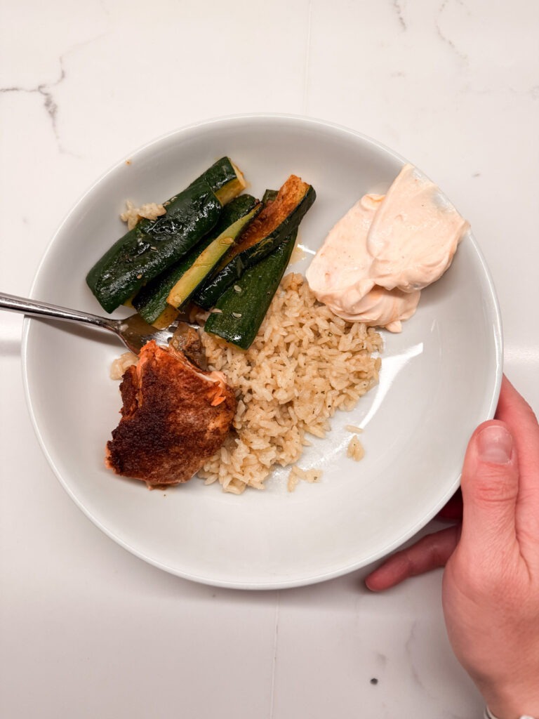 Brown Sugar Salmon rice Brown Sugar Salmon + Rice + Zucchini + More Dipping Sauce